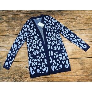 NWT Kim Rogers Perl Leo Womens S Animal Print Open Sweater Cardigan Cheetah Blue